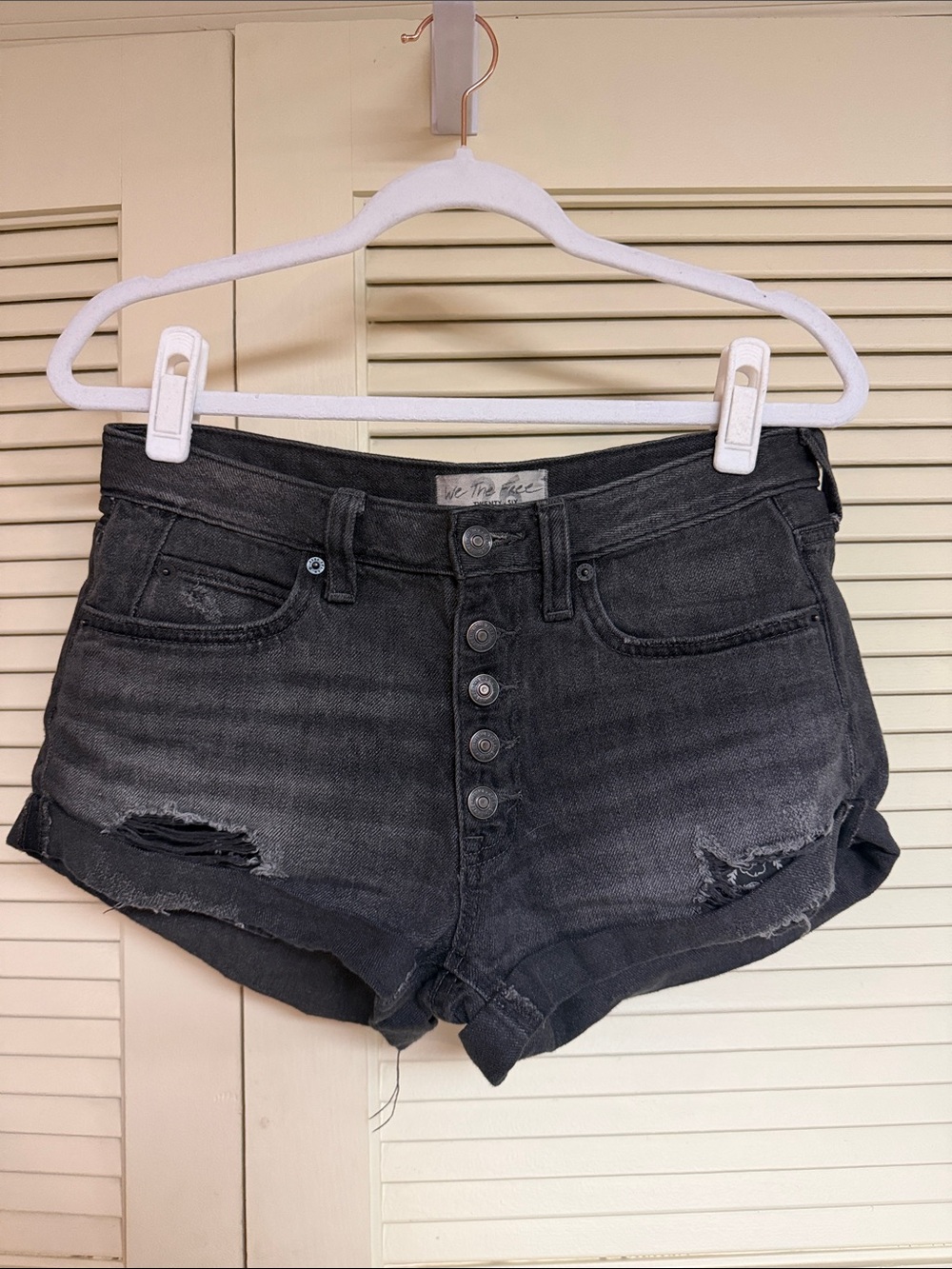 We The Free Black High-Rise Button-Fly Distressed Denim Shorts